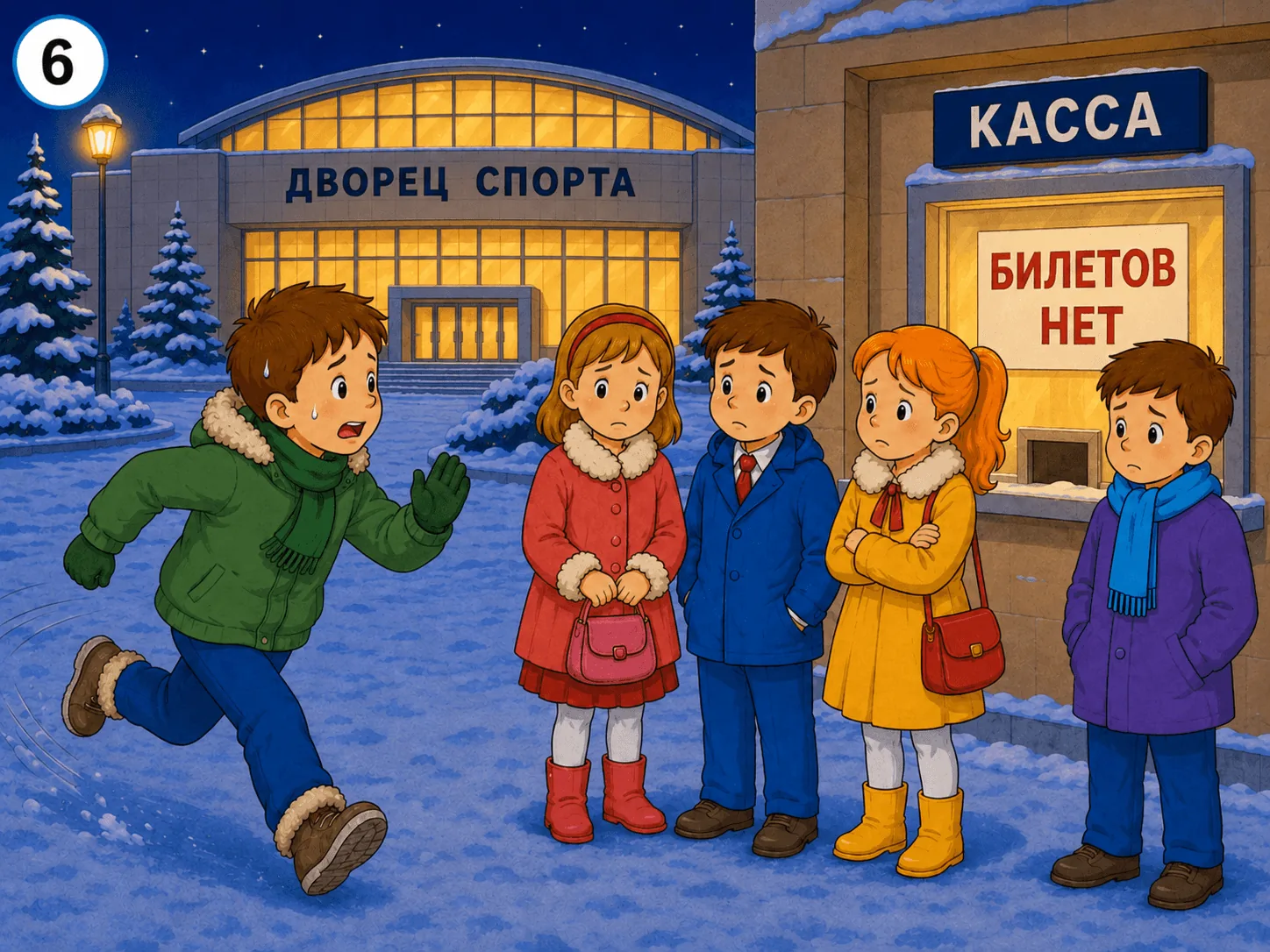 Кадр 6. Коля прибегает, но билетов уже нет