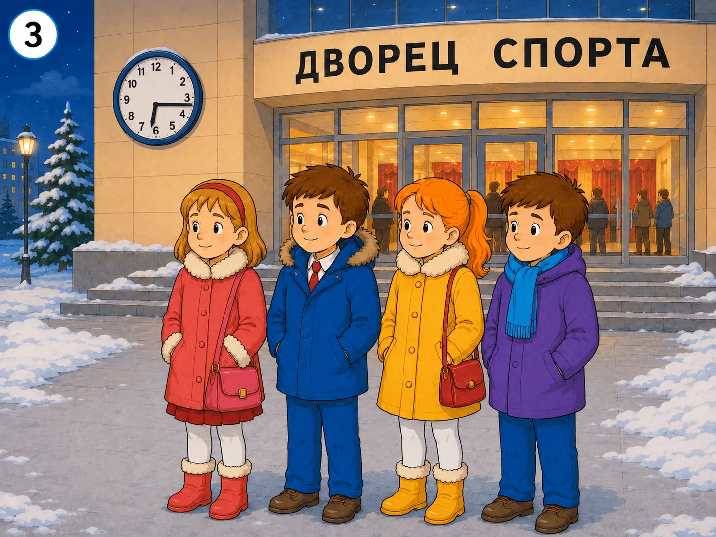 Кадр 3. Ребята у входа во Дворец спорта, 6:15